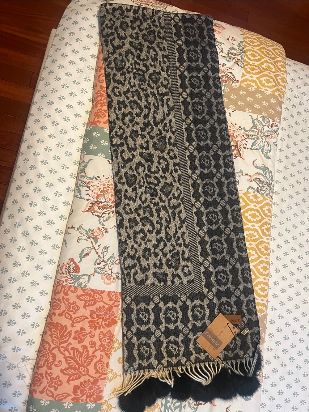 Patterned Fringe Scarf in Black and Gray cashmere shawl